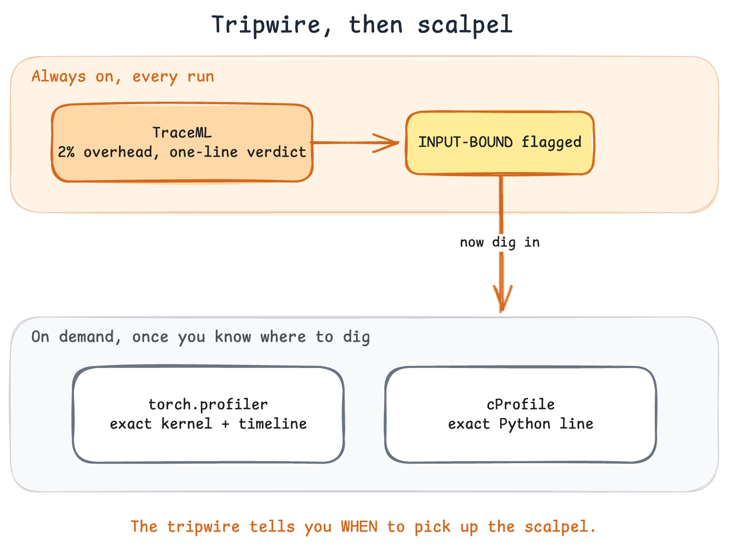 TraceML runs always-on and flags INPUT-BOUND; that flag is the signal to reach for torch.profiler or cProfile to find the exact kernel or line.